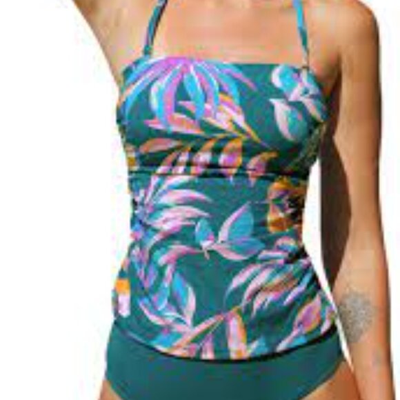 CUPSHE AQUA GREEN HALTER TIE & HIGH WAIST BOTTOM TANKINI SET SIZE LARGE NWT - Picture 3 of 9